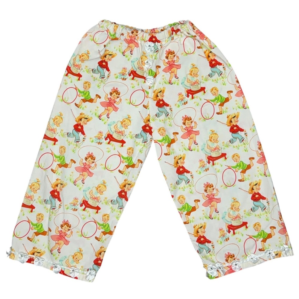 Handmade Kids Pants Vintage Novelty Print Rosettes